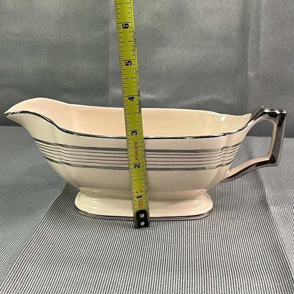 Limoges Peach Blo Ritz Platinum Gravy Boat Seabring Ohio Platinum Etching Trim
